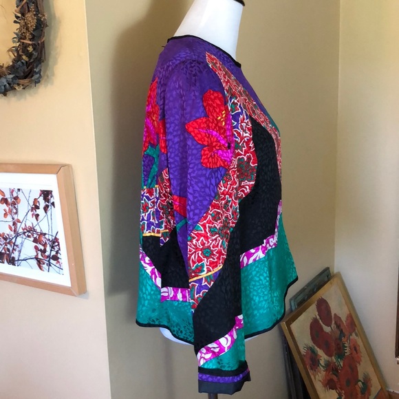 Vtg 80s UMI COLL Size 16 Silk VIVID Floral Geometric Zip-Back Pullover Artistic - Picture 5 of 12